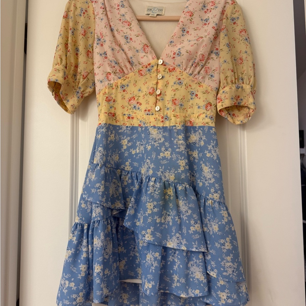 Francesca's Collections Floral Tiered V-Neck Dress in Blue, Yellow & Pink